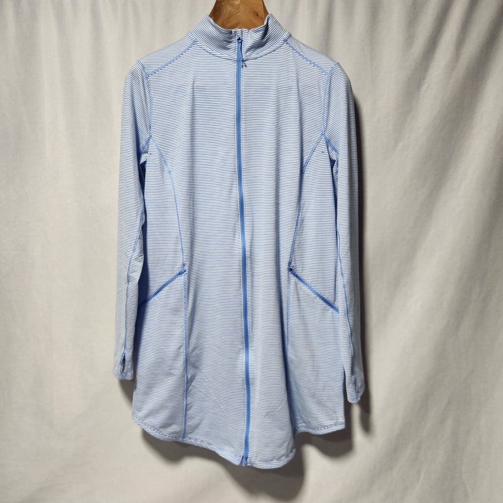 Duluth Trading Co Women Blue White Striped‎ Full Zip Dress Mock Neck Large